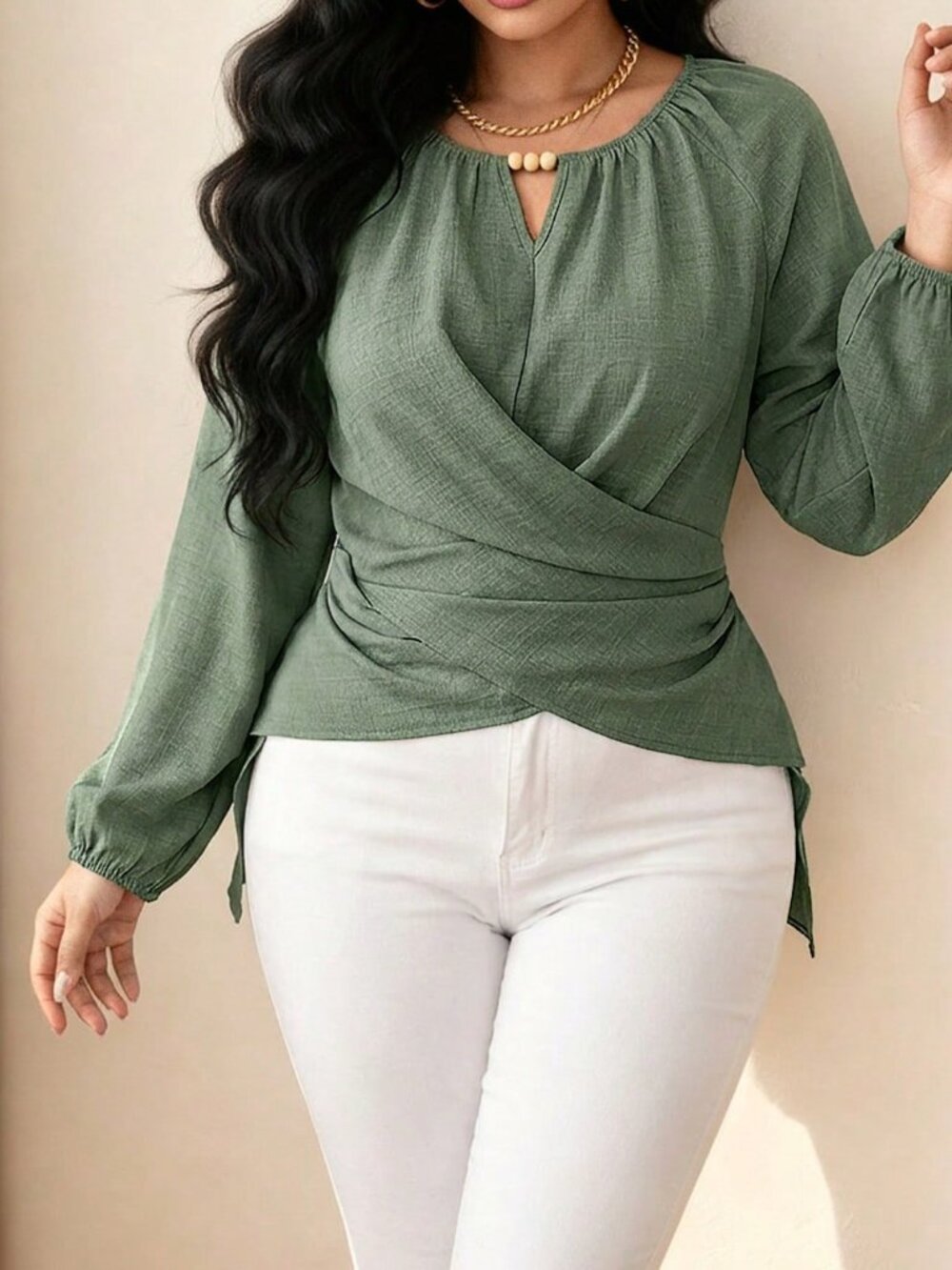 Army Green Casual Women's Unlined Regular Fit Keyhole Neck Raglan Sleeve Top